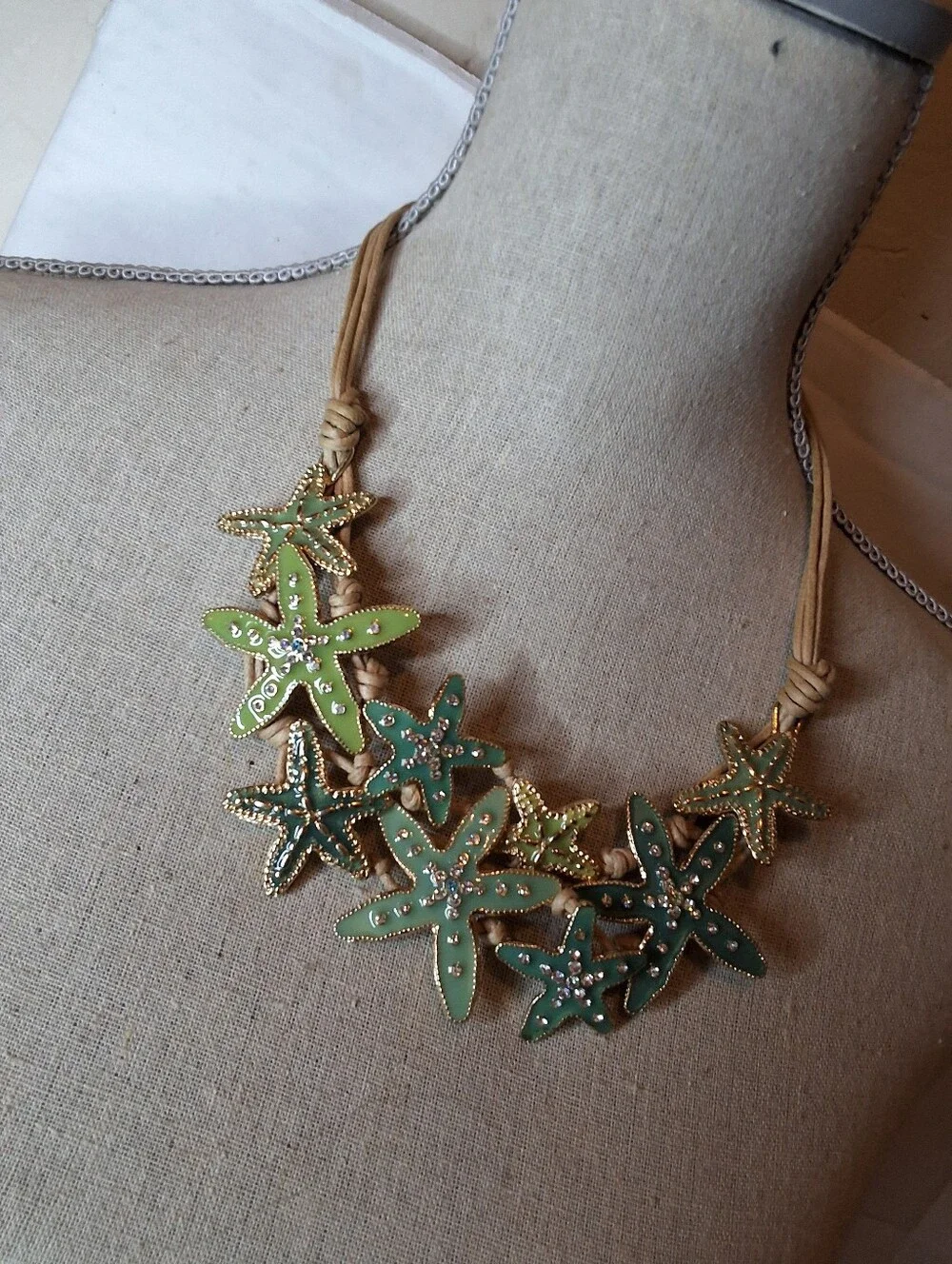 Starfish Statement Necklace Seafoam Green Rhinestone Beach Boho Cord